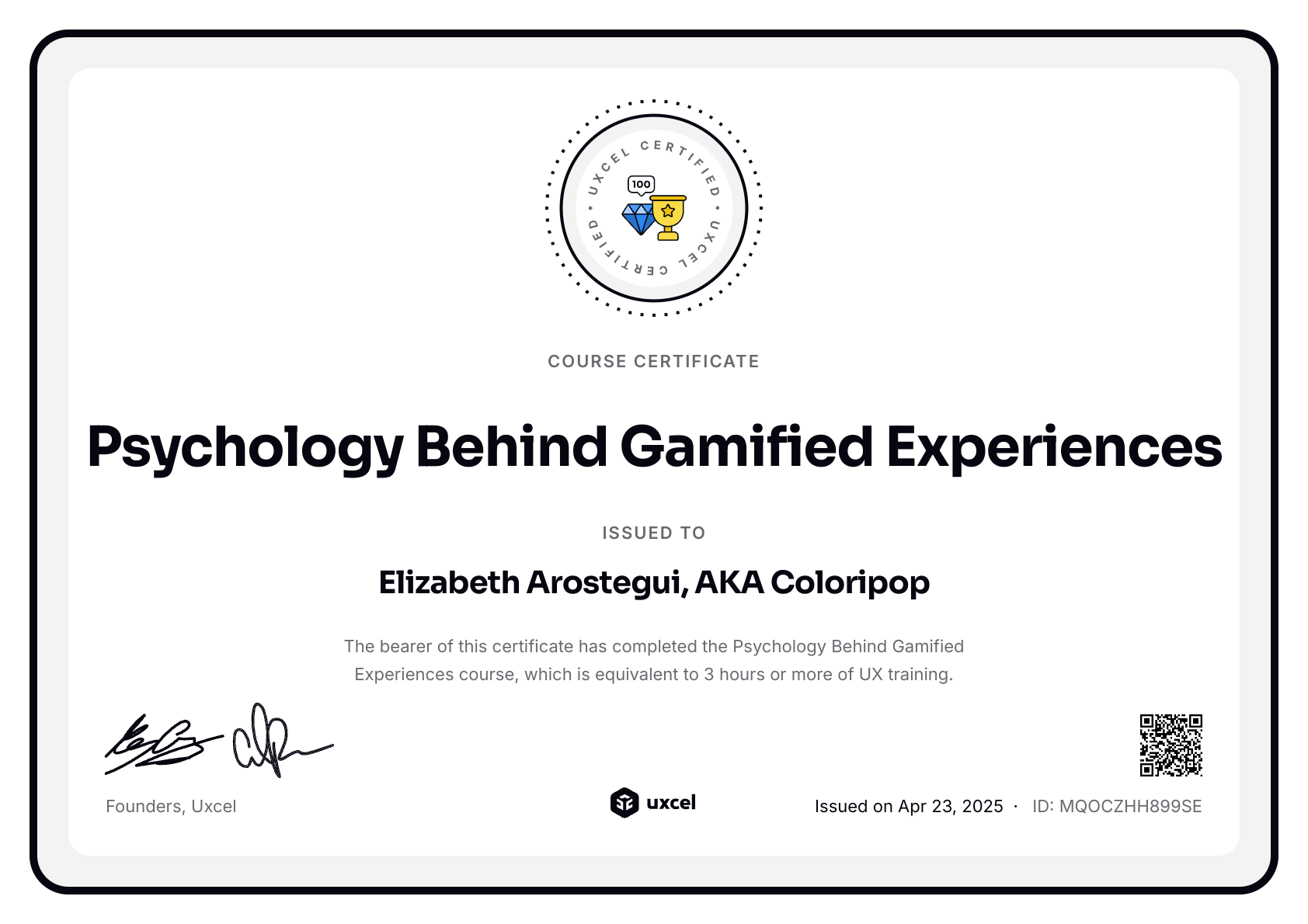 Elizabeth Arostegui, AKA Coloripop's certificate